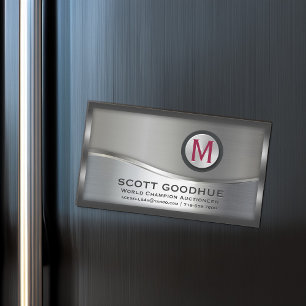 Carte De Visite Magnétique Monogramme encadré de métal noir et argent moderne