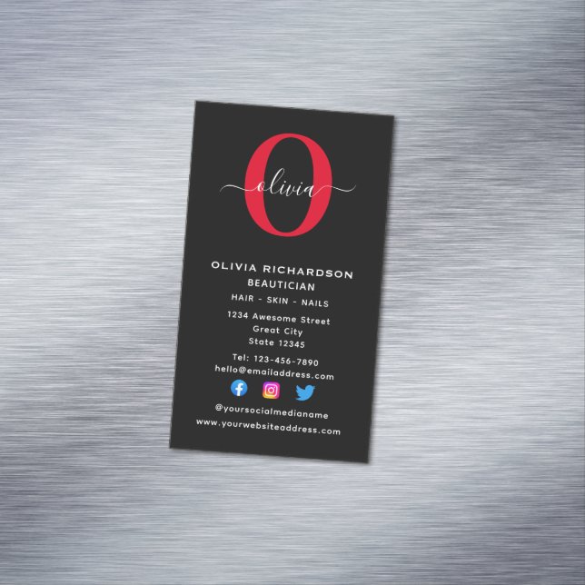 Carte De Visite Magnétique Monogramme vertical Nom du script Noir Blanc Rouge (In Situ)