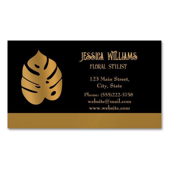 Carte De Visite Magnétique Monstera de bronze brillant Feuilles sur noir (devant)