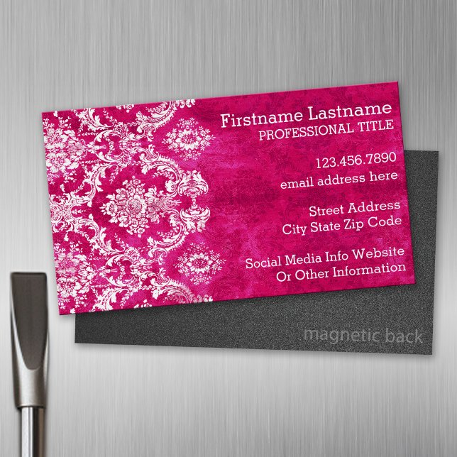 Carte De Visite Magnétique Motif de Damas de Grunge rose chaud Texte personna (Custom Business Card Magnet)