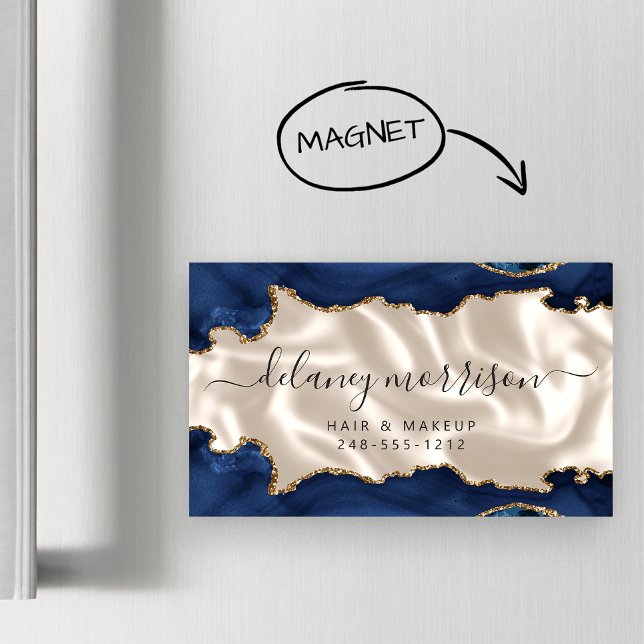 Carte De Visite Magnétique Navy Blue Agate Gold Glitter Ivory Luxury (Créateur téléchargé)