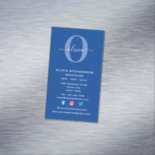 Carte De Visite Magnétique Nom de script de monogramme vertical bleu blanc gi
