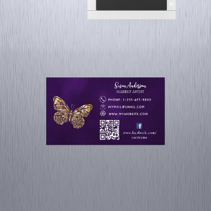 Carte De Visite Magnétique Papillon d'or violet code QR Facebook