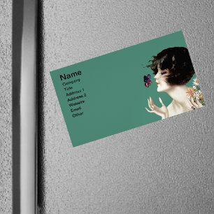 Carte De Visite Magnétique Papillon Lady Art Déco vintage Joli Fleurs