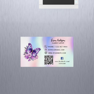 Carte De Visite Magnétique Papillon violet holographique code QR Facebook