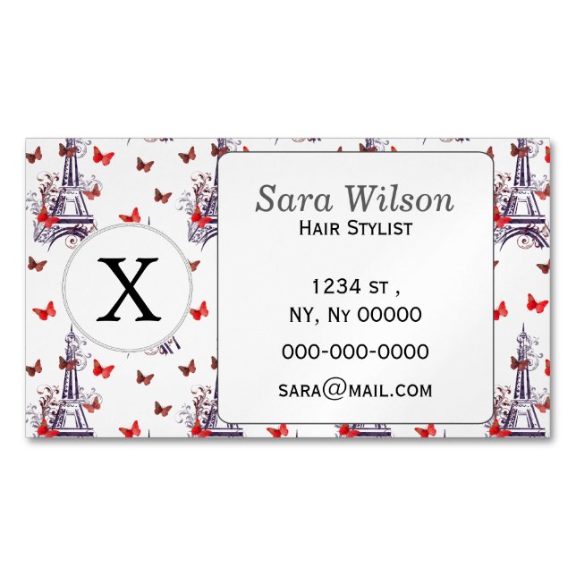 Carte De Visite Magnétique Papillons Tour Eiffel Romantique Parisien (devant)