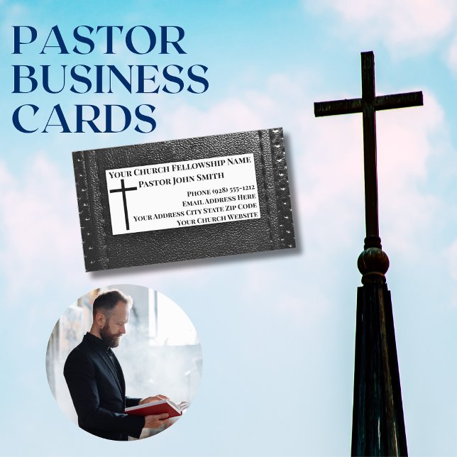 Carte De Visite Magnétique Pasteur d'église Cuir noir chrétien (Church Pastor Business Cards)