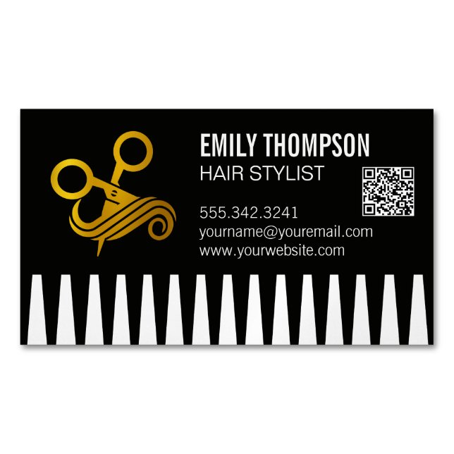 Carte De Visite Magnétique Peigne en or | Coiffeur | Code QR (devant)
