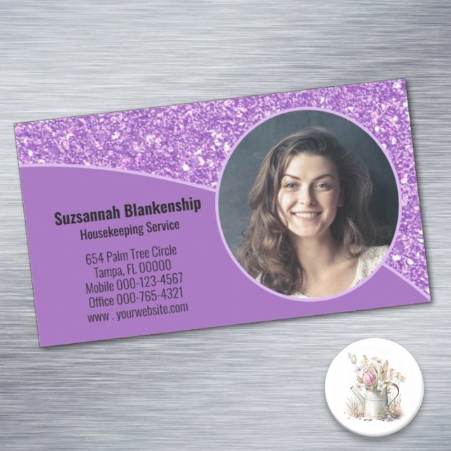 Carte De Visite Magnétique Photo personnalisée professionnelle Purple Faux Pa (Present magnet business cards so customers can affix to a refrigerator or file cabinet.)