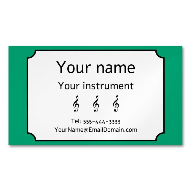 Carte De Visite Magnétique Professeur de Musique Clé de Sol Verte Modifiable (devant)