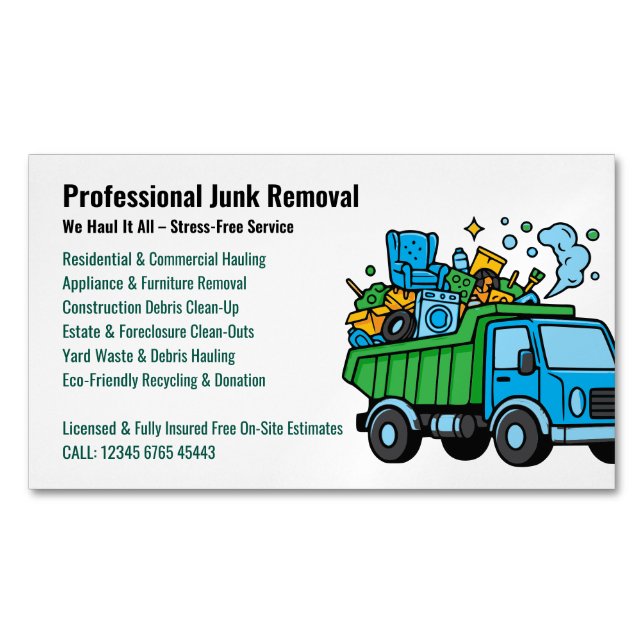 Carte De Visite Magnétique Professional Junk Removal Hauling Services Truck (devant)