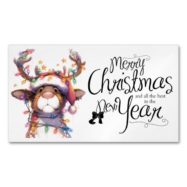 Carte De Visite Magnétique Reindeer in Lights Merry Christmas Happy New Year (devant)