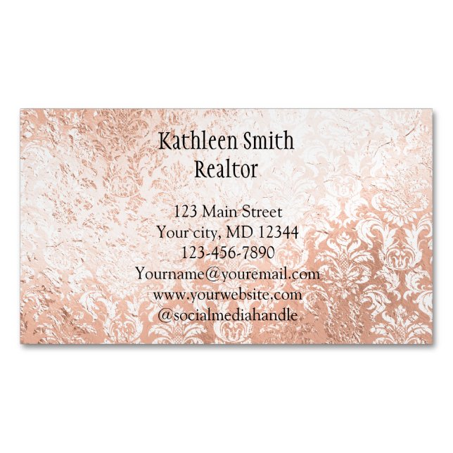 Carte De Visite Magnétique Rose Gold Damask Élégante Feminine (devant)