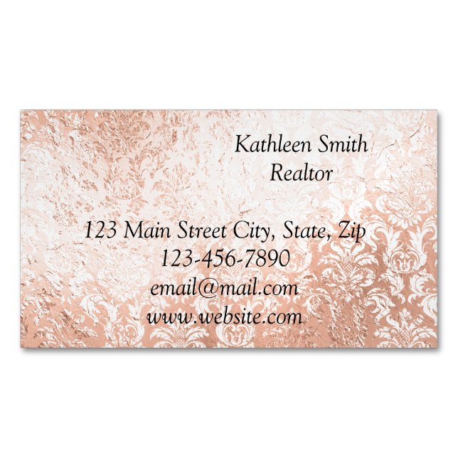 Carte De Visite Magnétique Rose Gold Damassé Élégant Script (devant)