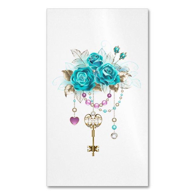 Carte De Visite Magnétique Roses Turquoise avec Clés (devant Vertical)