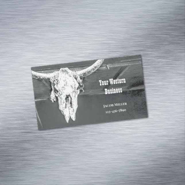 Carte De Visite Magnétique Rustic Western Charcoal Grey White Bull Cow Skull (In Situ)