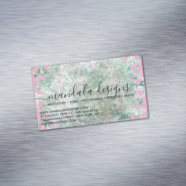 Carte De Visite Magnétique Script Floral Mandala Rose (In Situ)