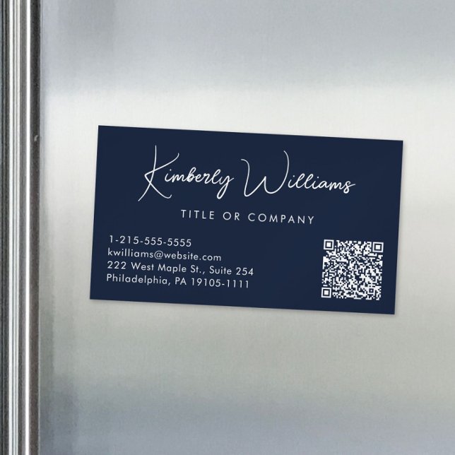 Carte De Visite Magnétique Script minimal QR Code professionnel bleu (Créateur téléchargé)