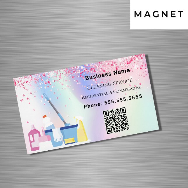 Carte De Visite Magnétique Service de nettoyage holographe rose code QR (Créateur téléchargé)