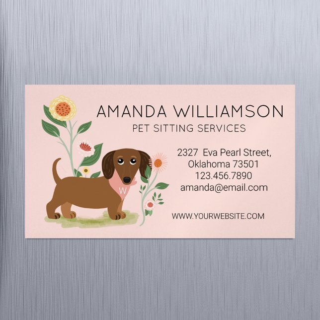 Carte De Visite Magnétique Services de garde de chiens mignons à fleurs de ty (Cute Floral Dachshund Dog Pet Care Services Business Card Magnet)
