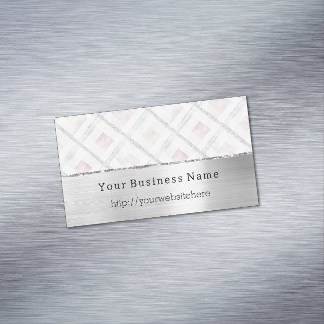 Carte De Visite Magnétique Silver Pink Glitzy Stripes Business name website (In Situ)