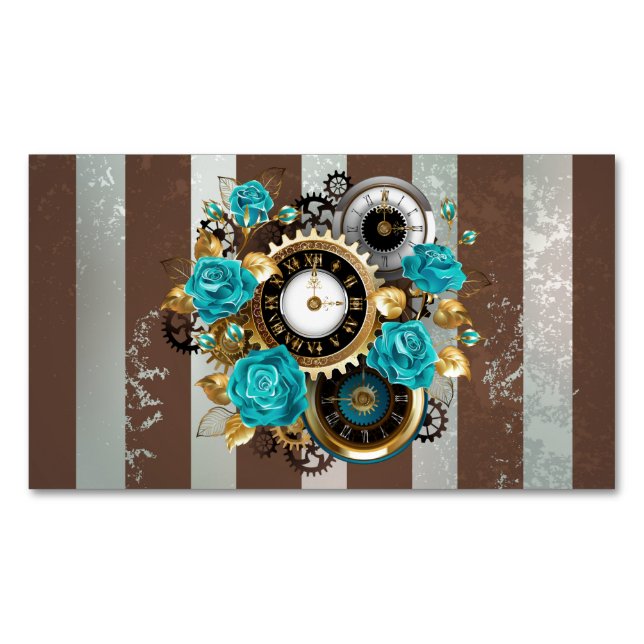 Carte De Visite Magnétique Steampunk Clock and Turquoise Roses on Striped (devant)