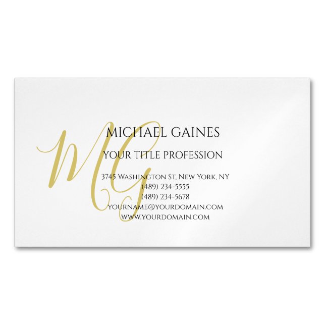 Carte De Visite Magnétique Unique Calligraphie or couleur Monogramme blanc (devant)