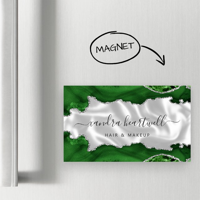 Carte De Visite Magnétique Vert Agate Luxe Paillettes Argentées (Créateur téléchargé)