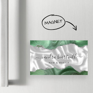 Carte De Visite Magnétique Vert Sauge Agate Pailleté Argent Luxe