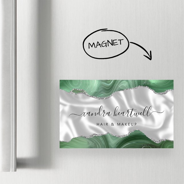 Carte De Visite Magnétique Vert Sauge Agate Pailleté Argent Luxe (Créateur téléchargé)