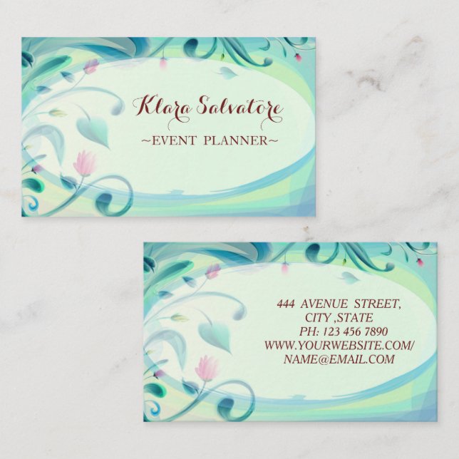 Carte De Visite Magnifique Superbe Vert Avec Fleurs (Devant / Derrière)