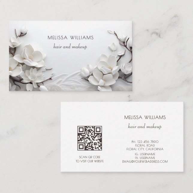 Carte De Visite Magnolia 3D Blanc Élégant (Devant / Derrière)