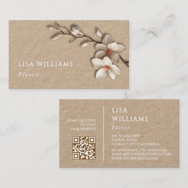 Carte De Visite Magnolia 3D Magnolia Rustique | Code QR (Devant / Derrière)