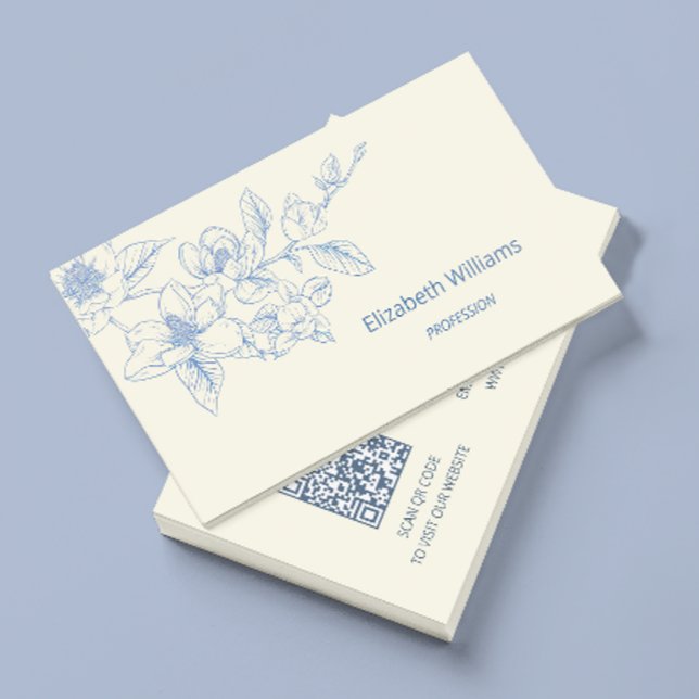 Carte De Visite Magnolia Crème Bleu Floral Moderne | Code QR (Créateur téléchargé)