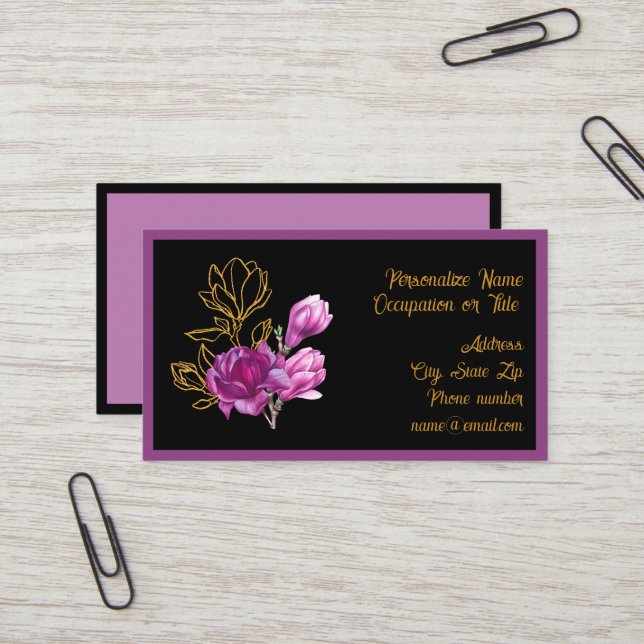 Carte De Visite Magnolia Fleur Dorée Élégante Violette (Devant/Arrière en situation)