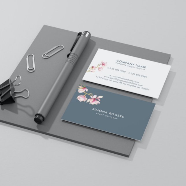 Carte De Visite Magnolia rose Aquarelles Arrière - plan gris bleu (Créateur téléchargé)