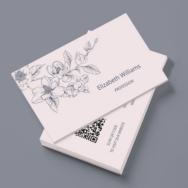 Carte De Visite Magnolia Rose Moderne Fleurie en Rose | Code QR (Créateur téléchargé)