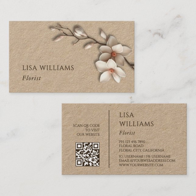 Carte De Visite Magnolia rustique 3D en ivoire | Code QR (Devant / Derrière)