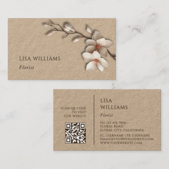 Carte De Visite Magnolia rustique 3D en ivoire | Code QR (Devant / Derrière)