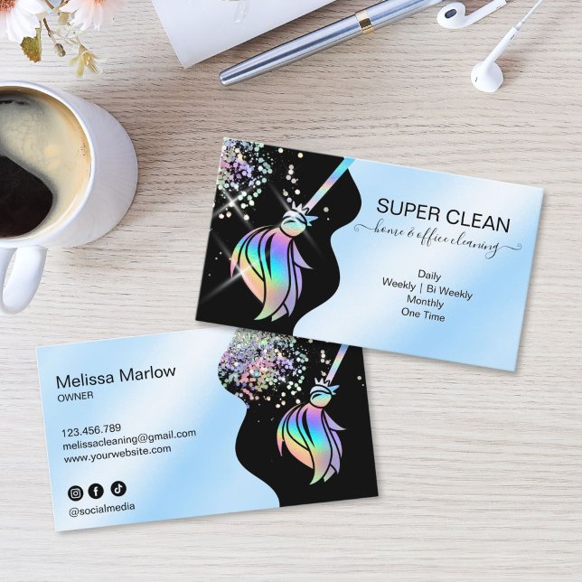 Carte De Visite Maid Cleaning House Sparkling Holograph Business C (Maid Cleaning House Sparkling Business Card with holographic broom logo, glitter and water splash)