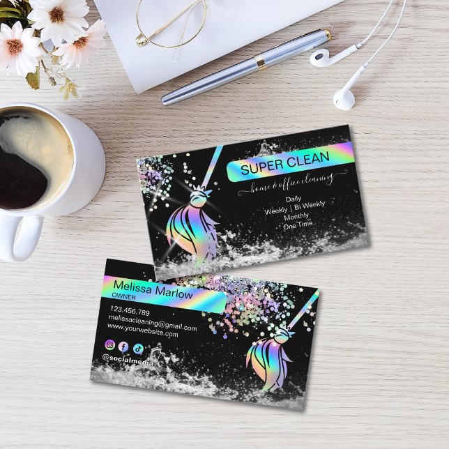 Carte De Visite Maid Cleaning House Sparkling Holograph Business C (Maid Cleaning House Sparkling Business Card with holographic broom logo, glitter and water splash)