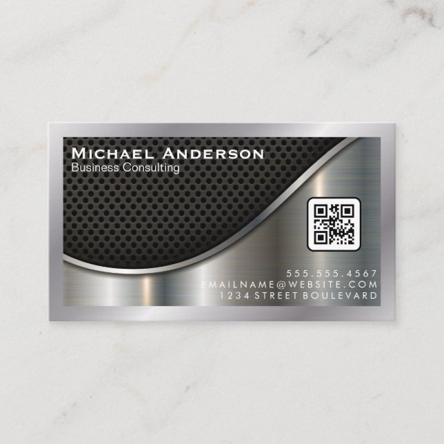 Carte De Visite Maillage noir et argent métallique | Code QR (Devant)