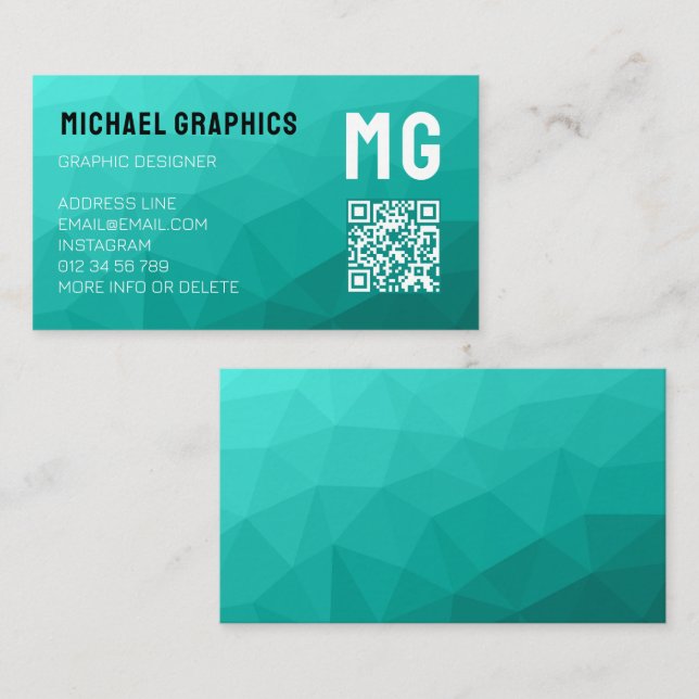 Carte De Visite Maille géométrique turquoise motif QR code Monogra (Devant / Derrière)