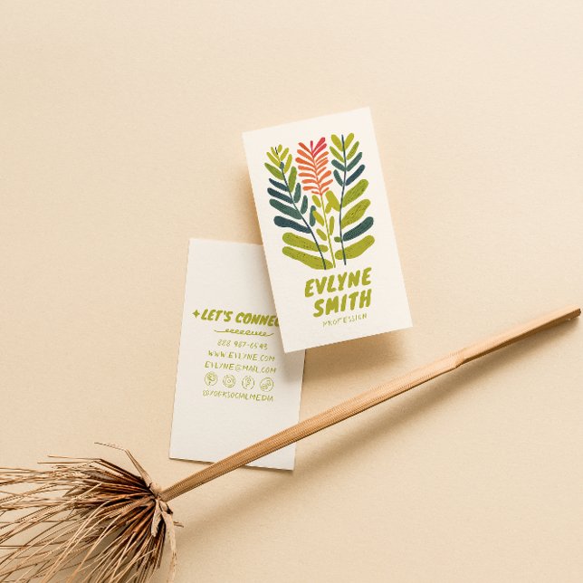 Carte De Visite Main dessinée Écrite Vert Gras Retro Fleur Funky (Créateur téléchargé)