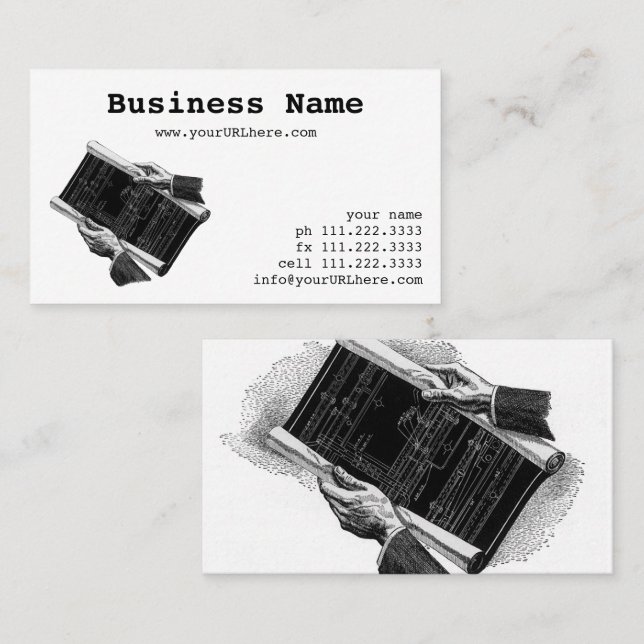 Carte De Visite Mains avec plans architecturaux bleus, entreprise  (Devant / Derrière)