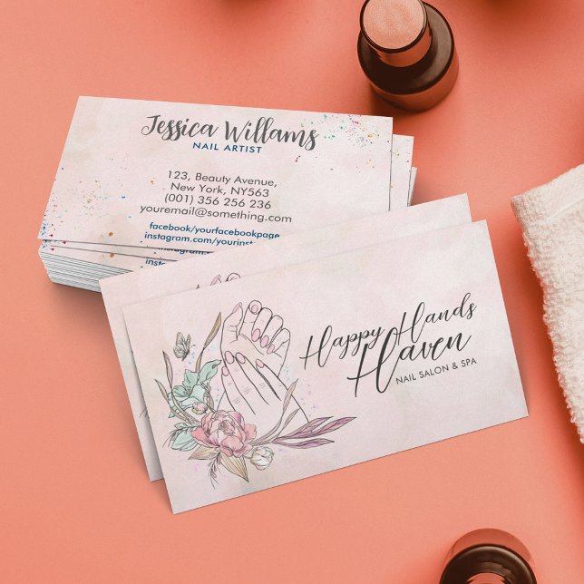 Carte De Visite Mains et fleurs de manucure - Aquarelle (Créateur téléchargé)