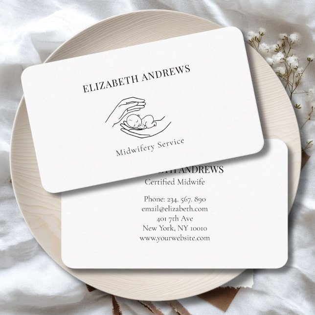 Carte De Visite Mains tenant un bébé simple-moderne (Hands holding A Baby - Line Art Illustration  White Business Card)