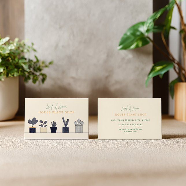 Carte De Visite Maison Botanique moderne Plante Boutique amusant s (Modern botanical-themed business card. Featuring a charming lineup of potted plants.)