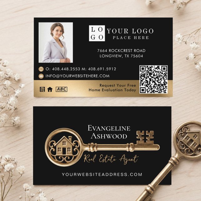 Carte De Visite Maison Clé d'Or Noir Agent Immobilier Agent de la  (Black Gold House Key Real Estate Agent Realtor Business Card)
