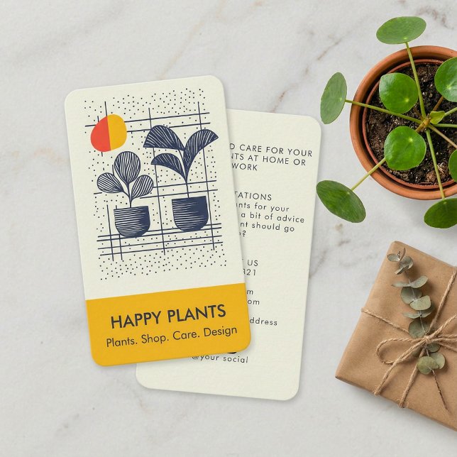 Carte De Visite Maison de plante moderne du milieu du siècle jaune (Mid-Century Modern House Plant Yellow and Navy Business Card.)
